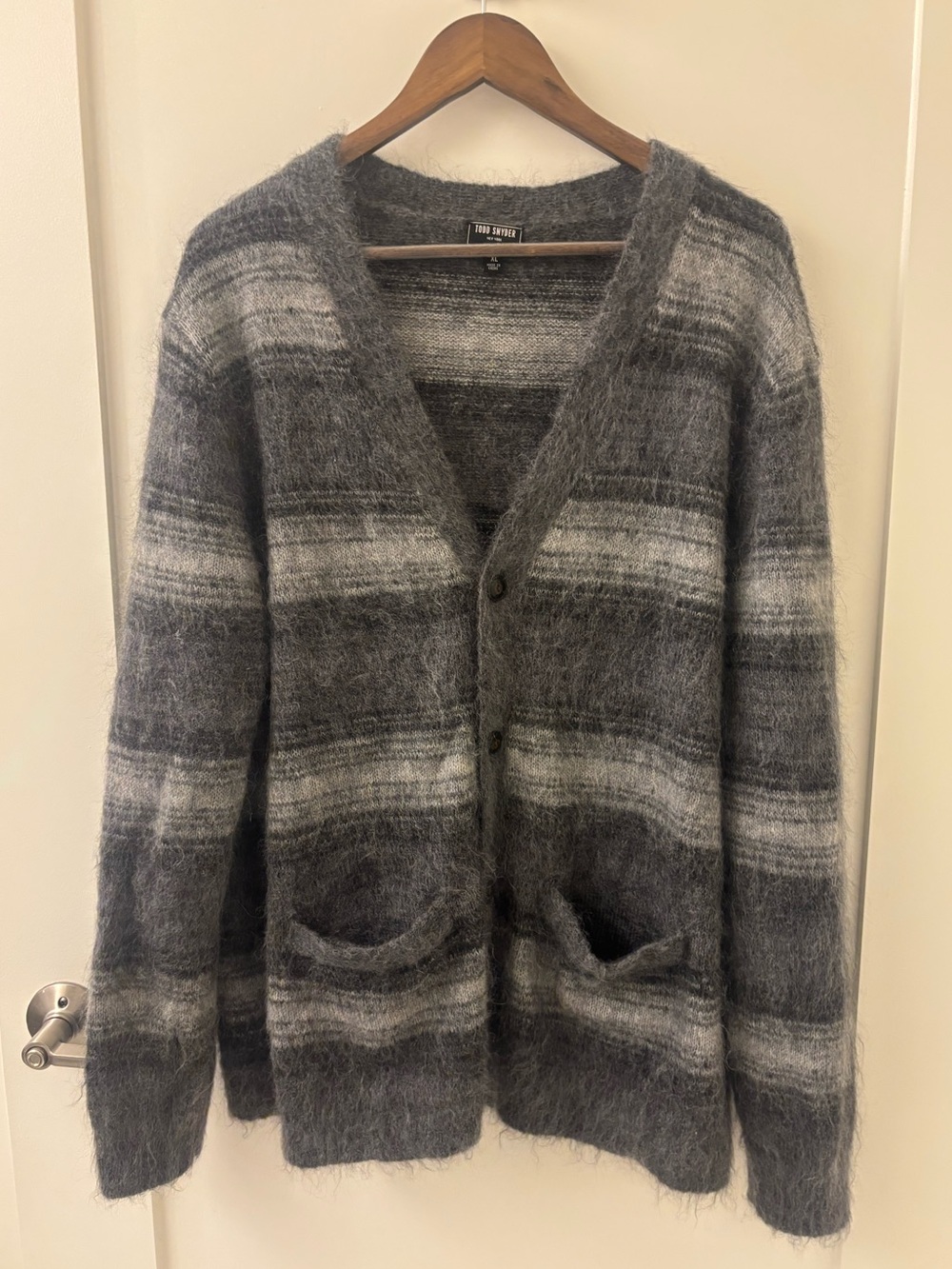 Todd Snyder Gray & White Striped Mohair Blend Cardigan